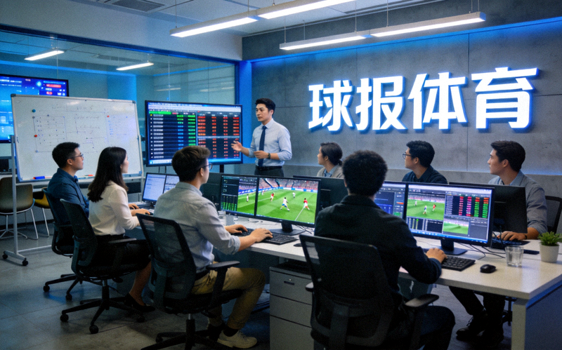 球报体育现代化新闻编辑室工作场景，团队成员正在协作处理体育数据