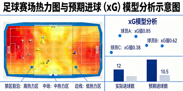 足球赛场热力图与预期进球（xG）模型分析示意图